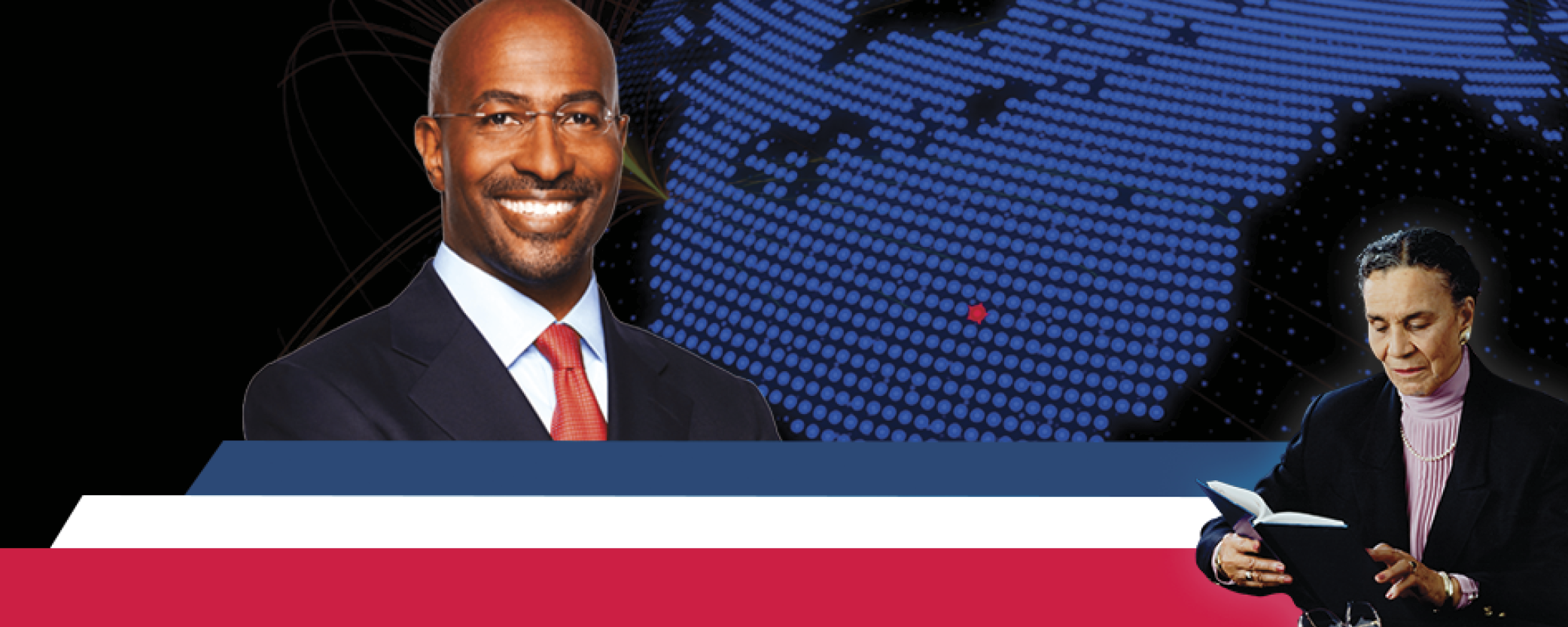 Van Jones is on the right, smiling in a dark suit, white shirt, and red tie, wearing glasses. Rachel B. Noel is on the left, wearing a black blazer over a lavender turtleneck, reading a book with a thoughtful expression. The background consists of a stylized digital globe with blue dots, representing a global network, and a red star marking Denver. At the bottom, layered graphic elements in blue, white, and red create a structured design.